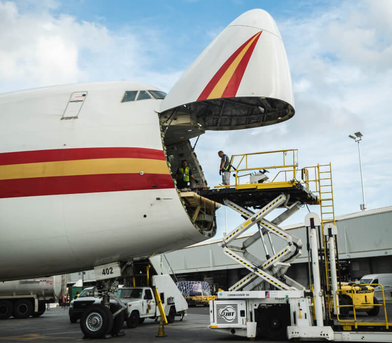 Kalitta Air plane with its nose open ready to load cargo.